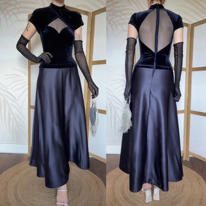 Tadashi navy high neck a-line evening dress uk 10