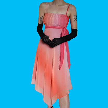 Peach chiffon midi evening dress UK 14