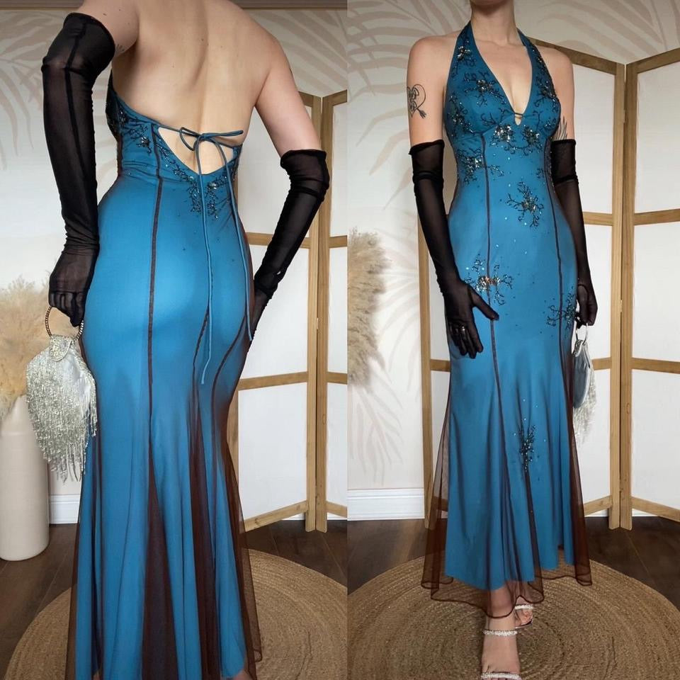 Niki Livas blue stretch halter-neck beaded dress uk 8