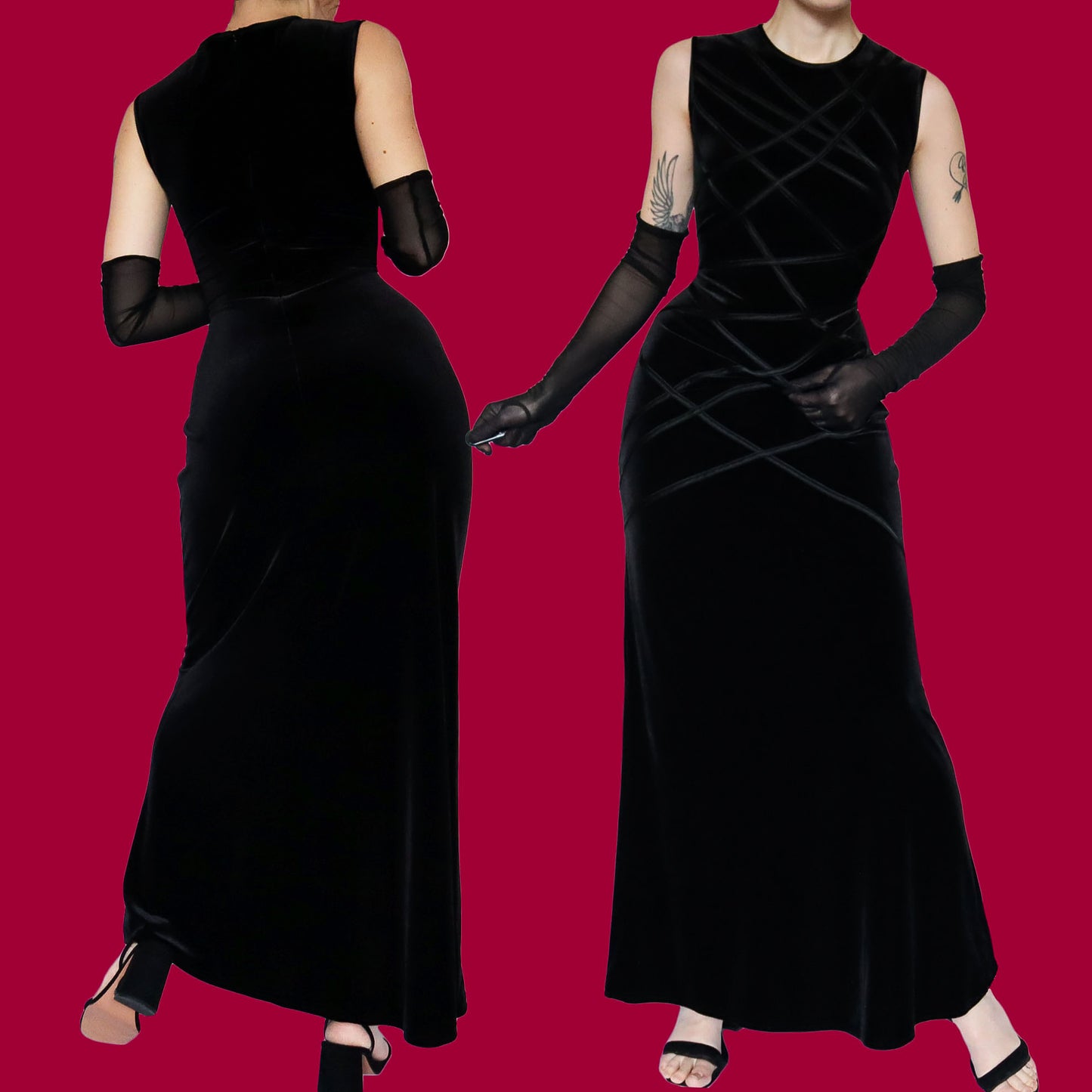 Black velvet stretch evening gown UK 12-14
