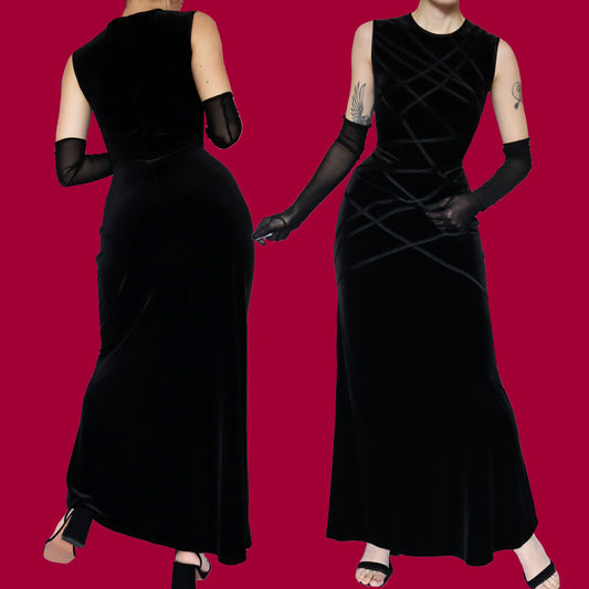 Black velvet stretch evening gown UK 12-14