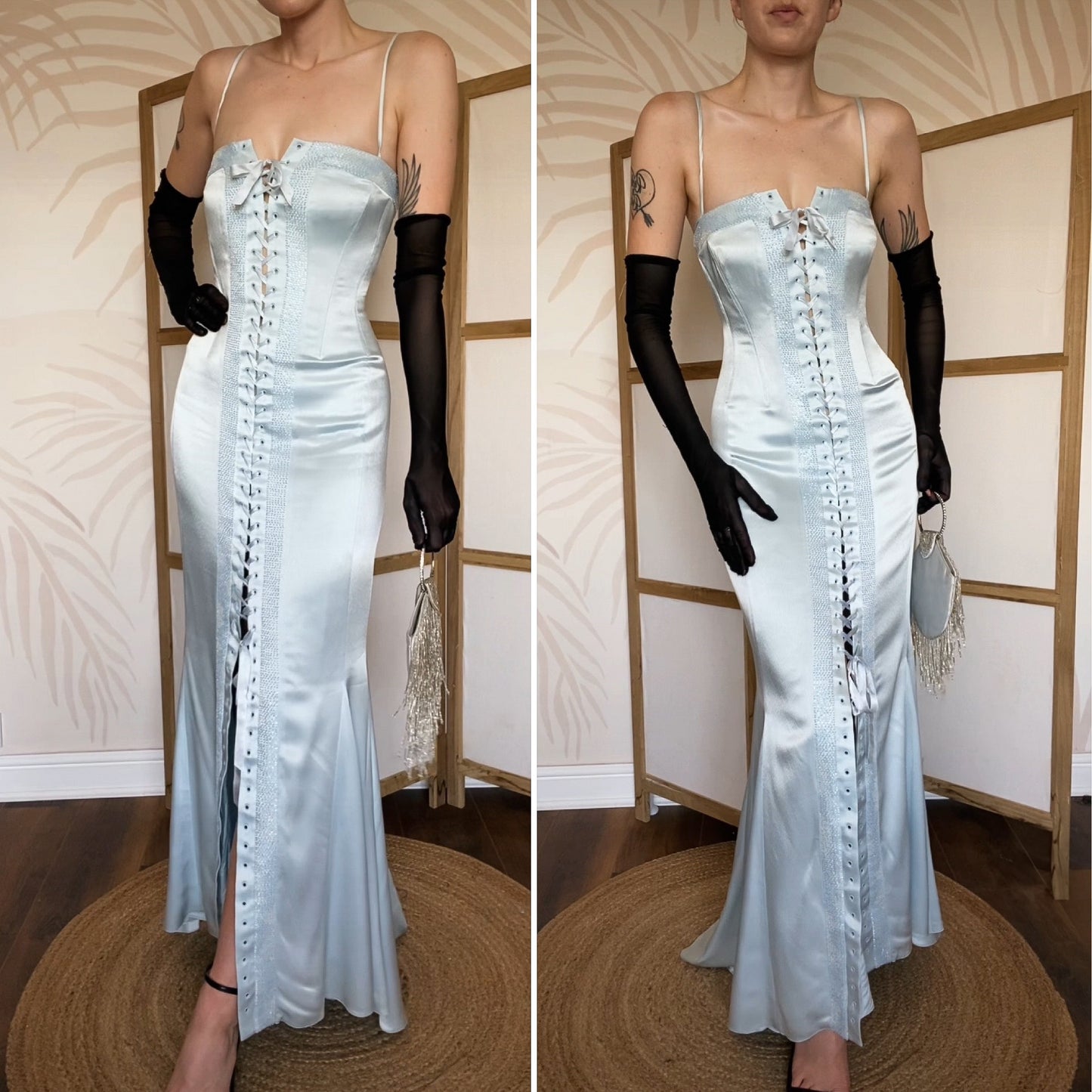 Ice blue beaded lace up evening dress uk 12