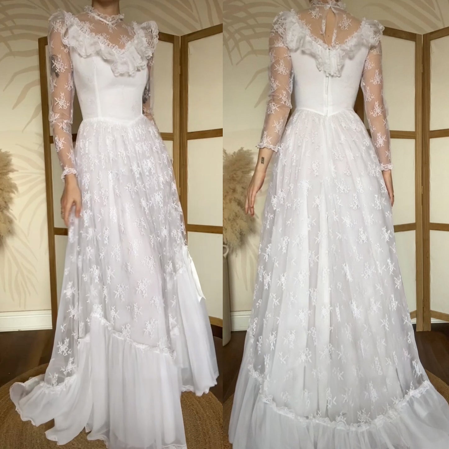 White lace long sleeve 70s wedding dress uk 10