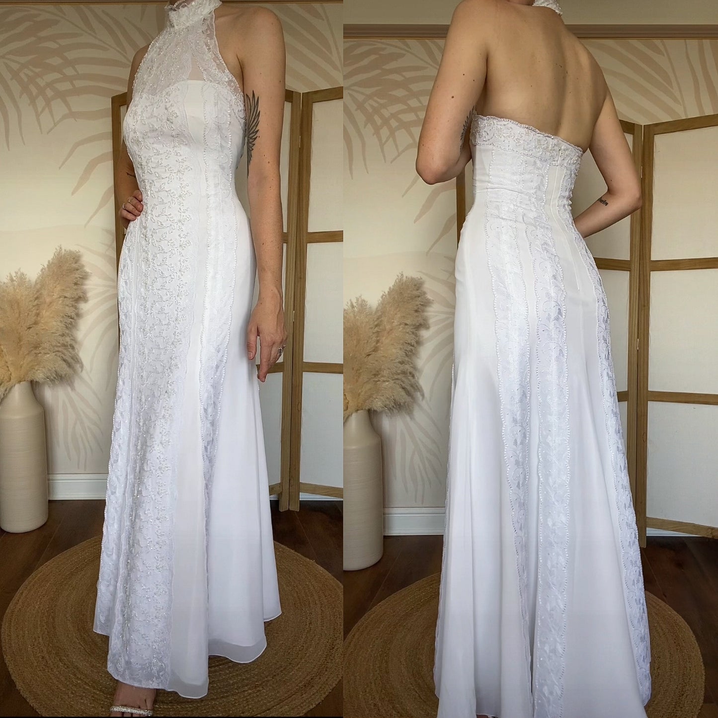 Frank Usher white lace high neck beaded wedding dress UK 12