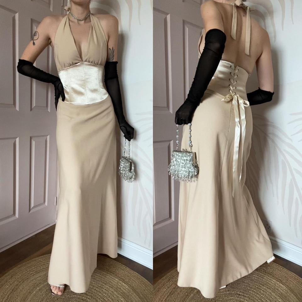 Designer Dawn Stretton 90s cream halter neck dress UK 10