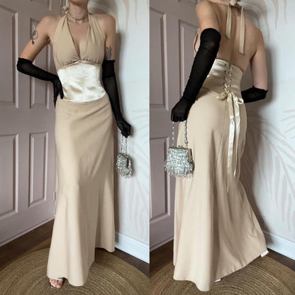 Designer Dawn Stretton 90s cream halter neck dress UK 10