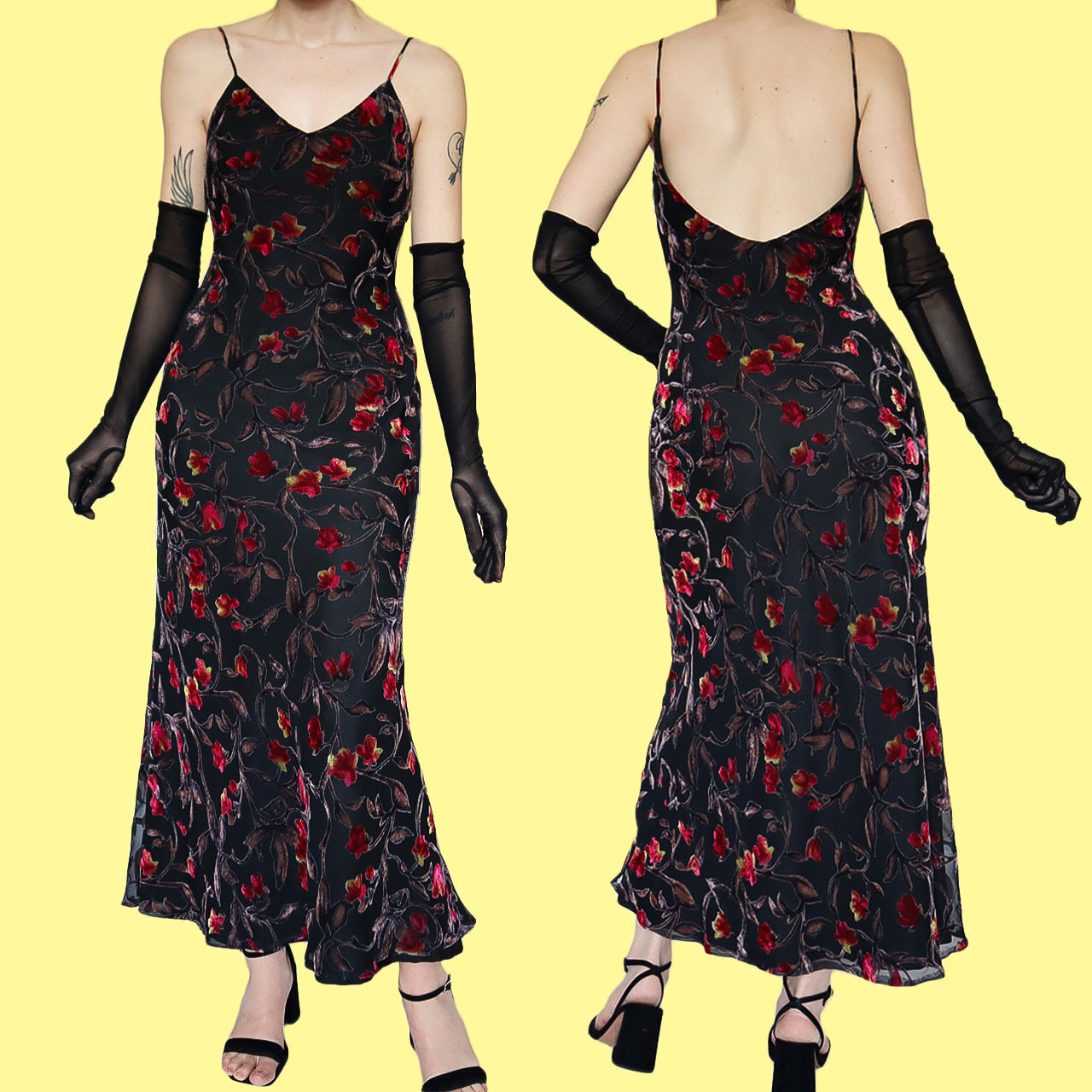 Black floral velvet devore slip dress UK 10