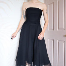 Load image into Gallery viewer, Black 100% silk strapless midi dress UK 12
