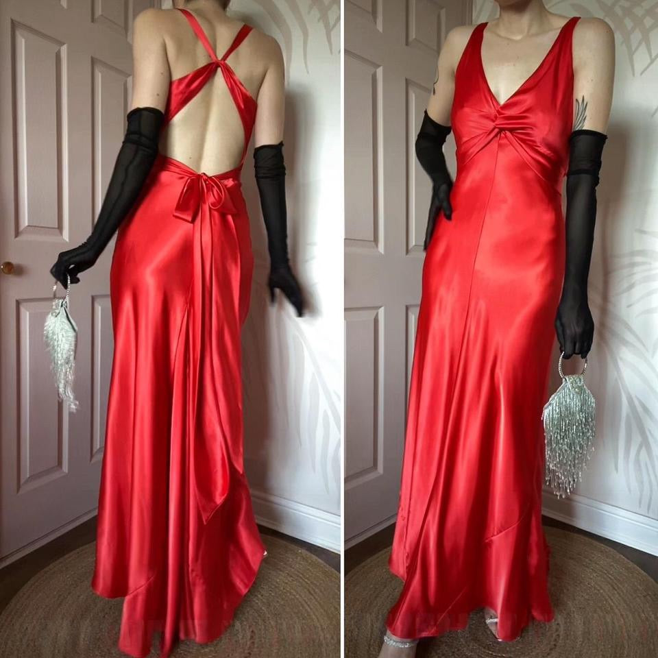 Orangey red satin evening gown UK 10