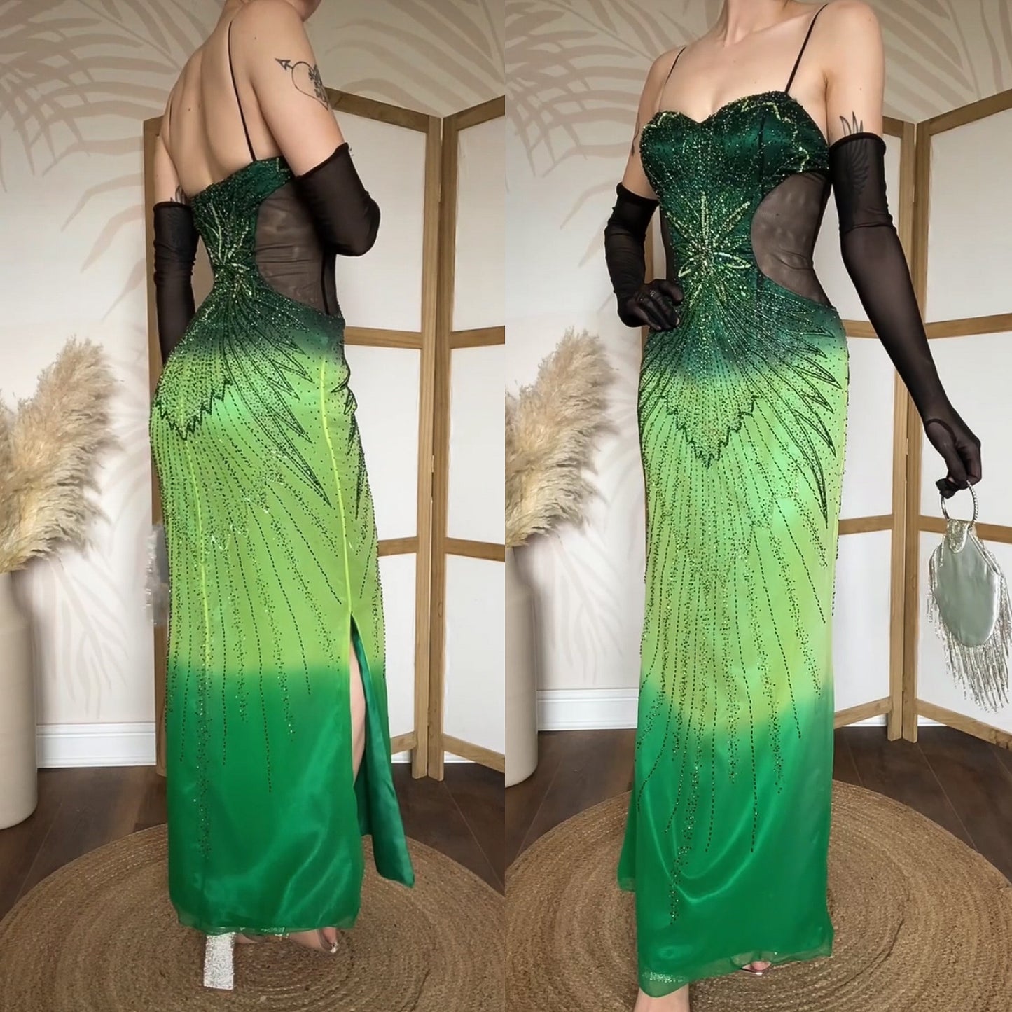 Green pure silk beaded prom dress uk 10