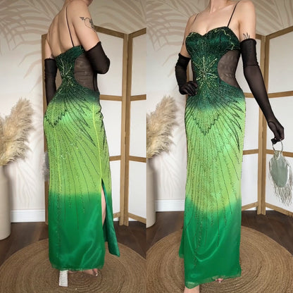 Green pure silk beaded prom dress uk 10