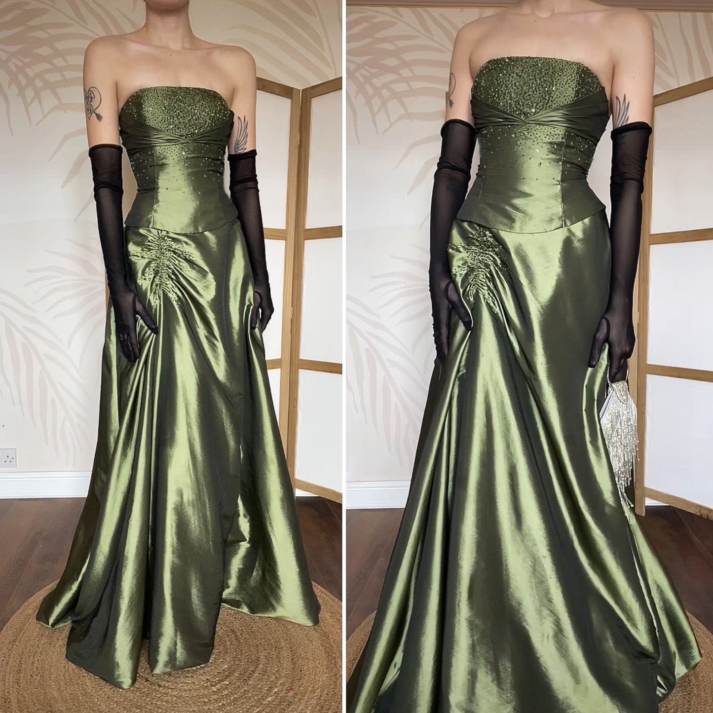 Green beaded Niki Livas strapless prom dress UK 12