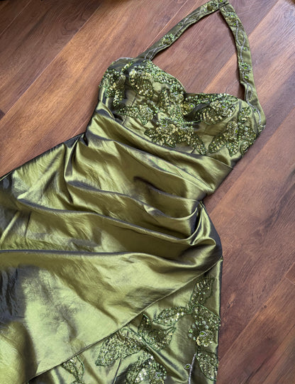 Green taffeta halter-neck a line beaded prom dress uk 12