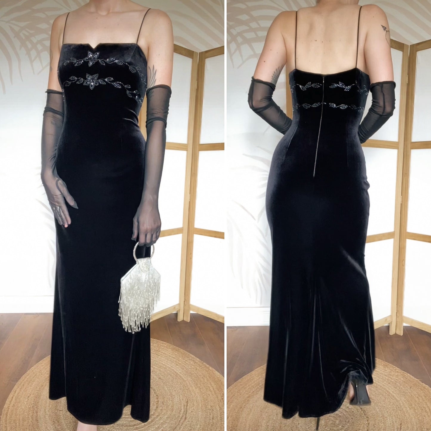 Black velvet Dave & Johnny stretch evening dress uk 12