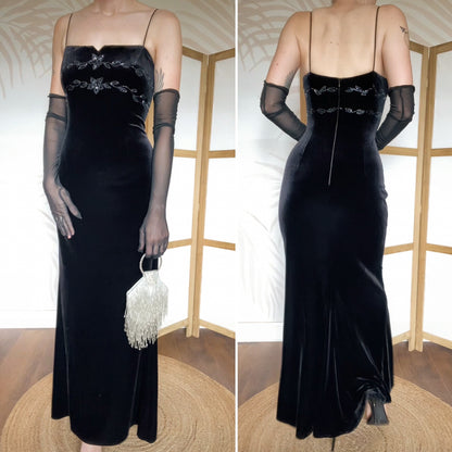 Black velvet Dave & Johnny stretch evening dress uk 12