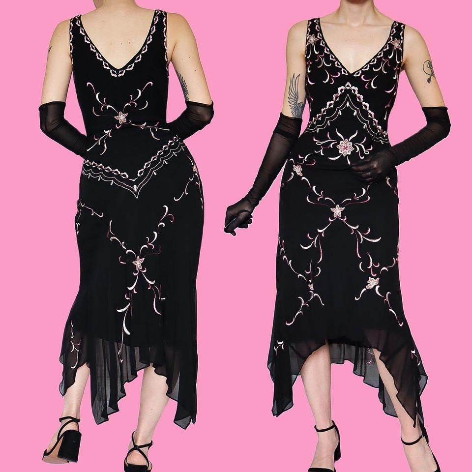 Black 100% silk embroidered midi dress UK 14