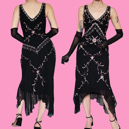 Black 100% silk embroidered midi dress UK 14