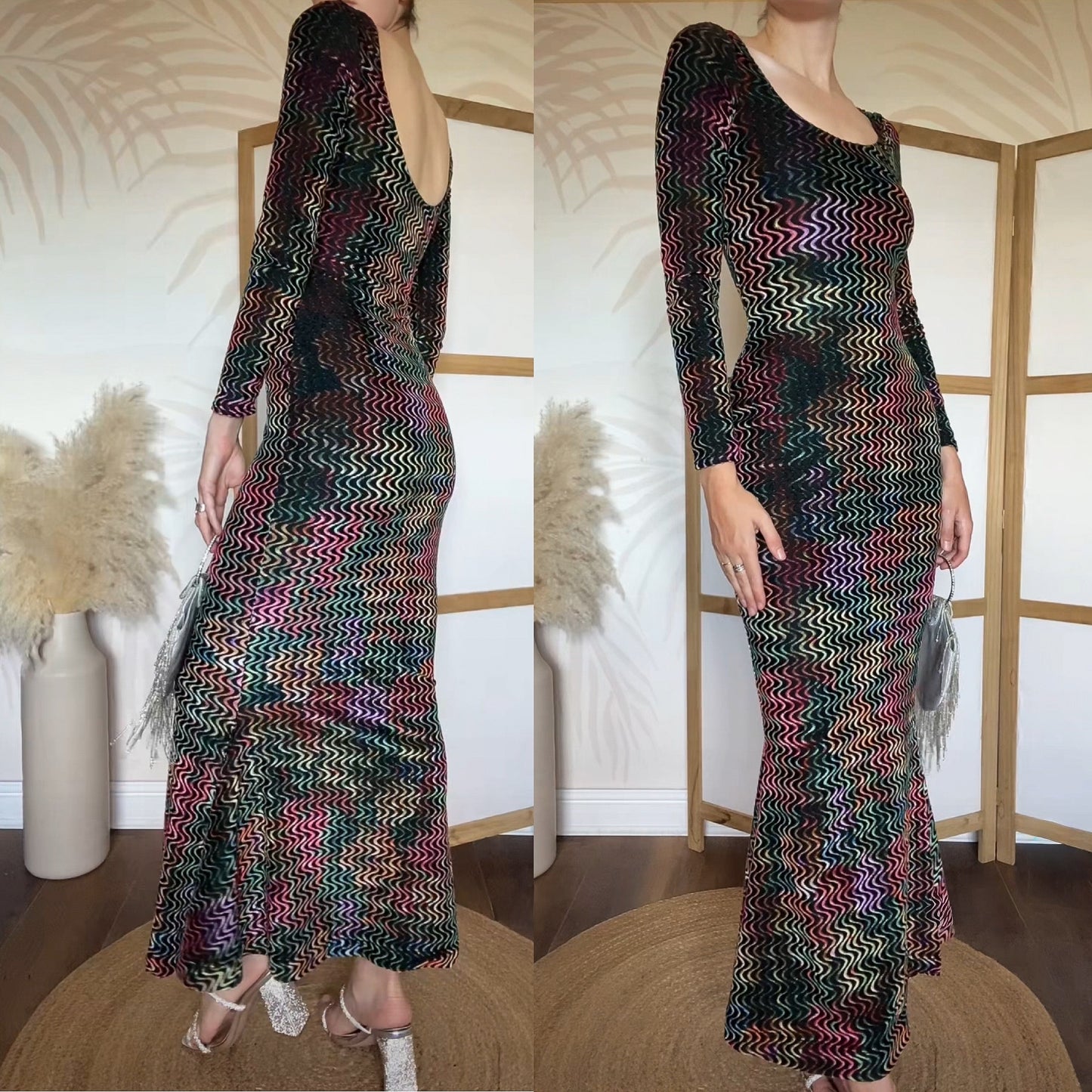 Colourful velvet long sleeve bodycon dress uk S/8-10