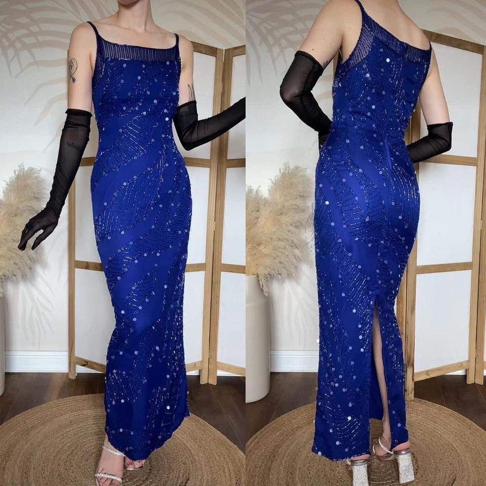Electric blue 100% silk bead/sequin evening dress uk 8-10