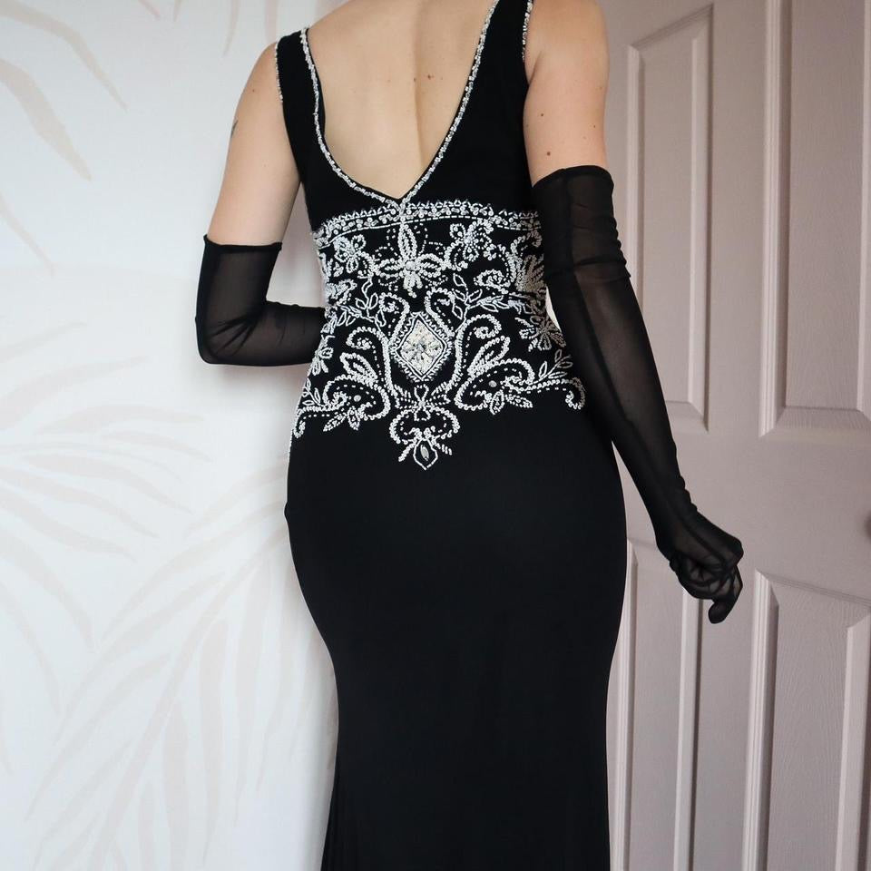 Black stretch beaded evening gown UK 12