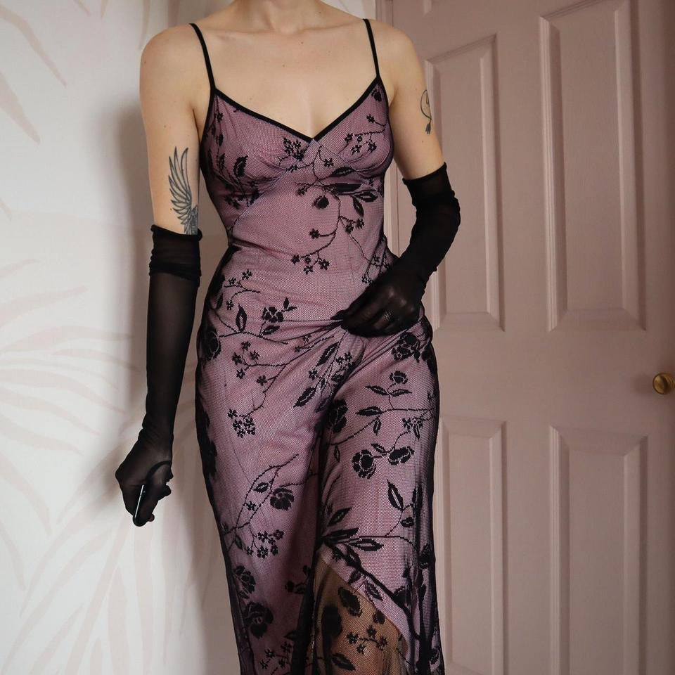 Pink & black lace Etam midi dress UK 14