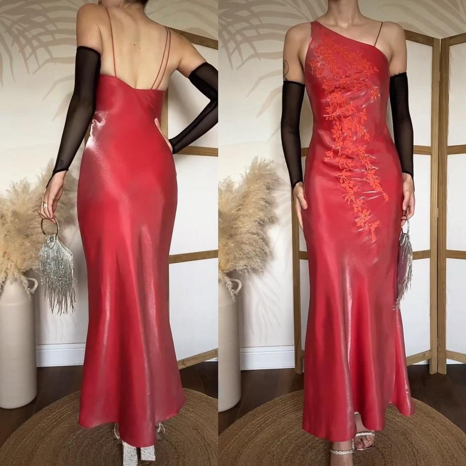 Orangey/red silky evening dress uk 6-8/XS