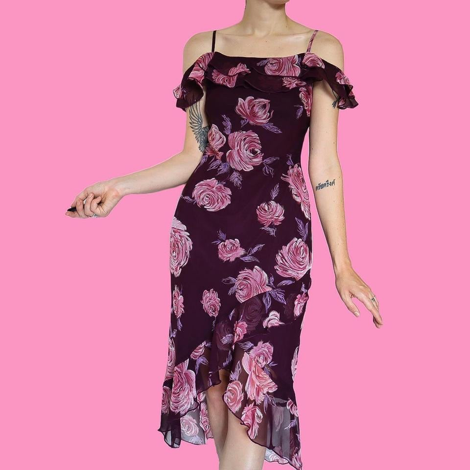 Purple Etam floral cold shoulder frilly summer dress UK 10