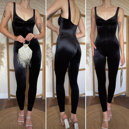 Black velvet stretch bodycon jumpsuit uk 6/8