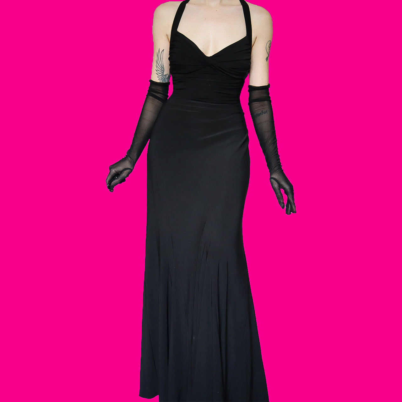 Black stretch open back evening gown UK 14