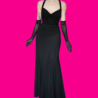 Black stretch open back evening gown UK 14