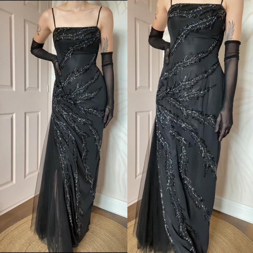 Milano black beaded fitted evening gown UK 12