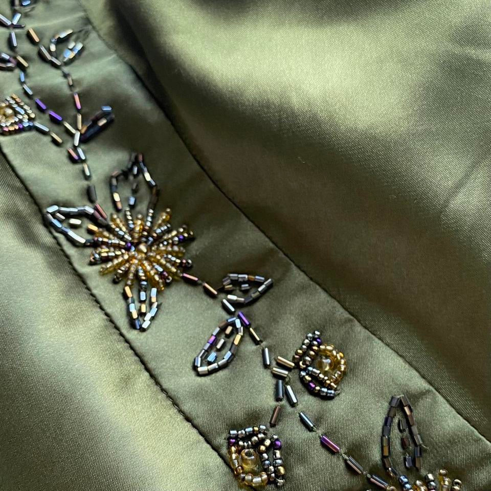 Silky khaki green beaded gown UK 10
