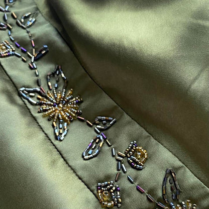Silky khaki green beaded gown UK 10