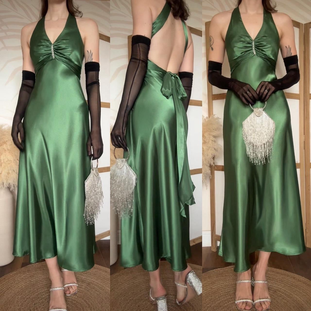 Green satin Niki Livas midi dress uk 8-10