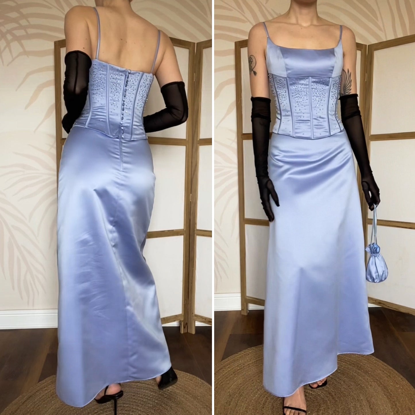 Hilary Morgan dusky blue evening dress & bag UK 10