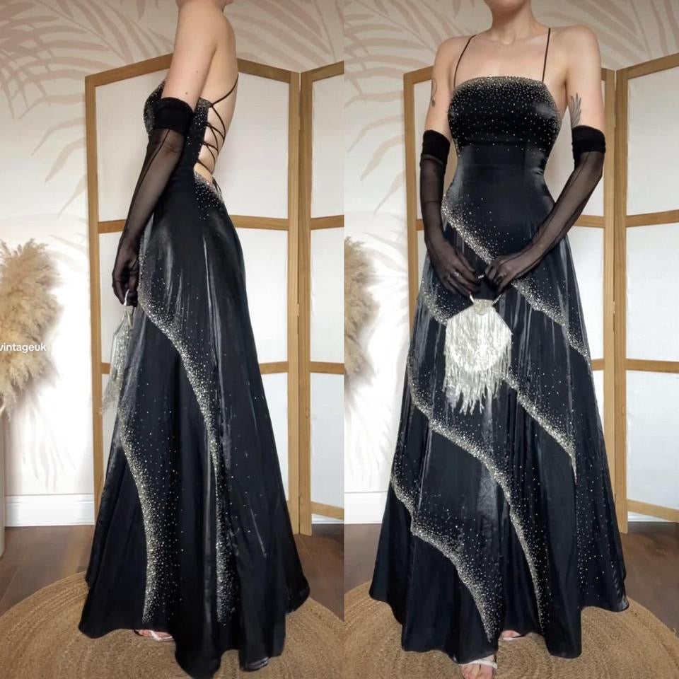 Black beaded lace back a-line prom dress uk 10