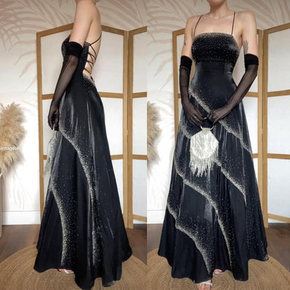 Black beaded lace back a-line prom dress uk 10