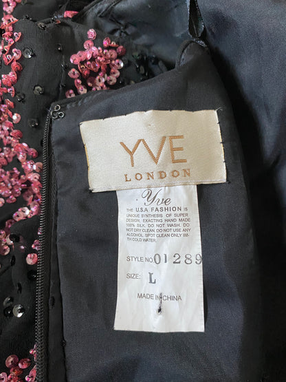 Black 100% silk pink sequin strapless dress UK 14