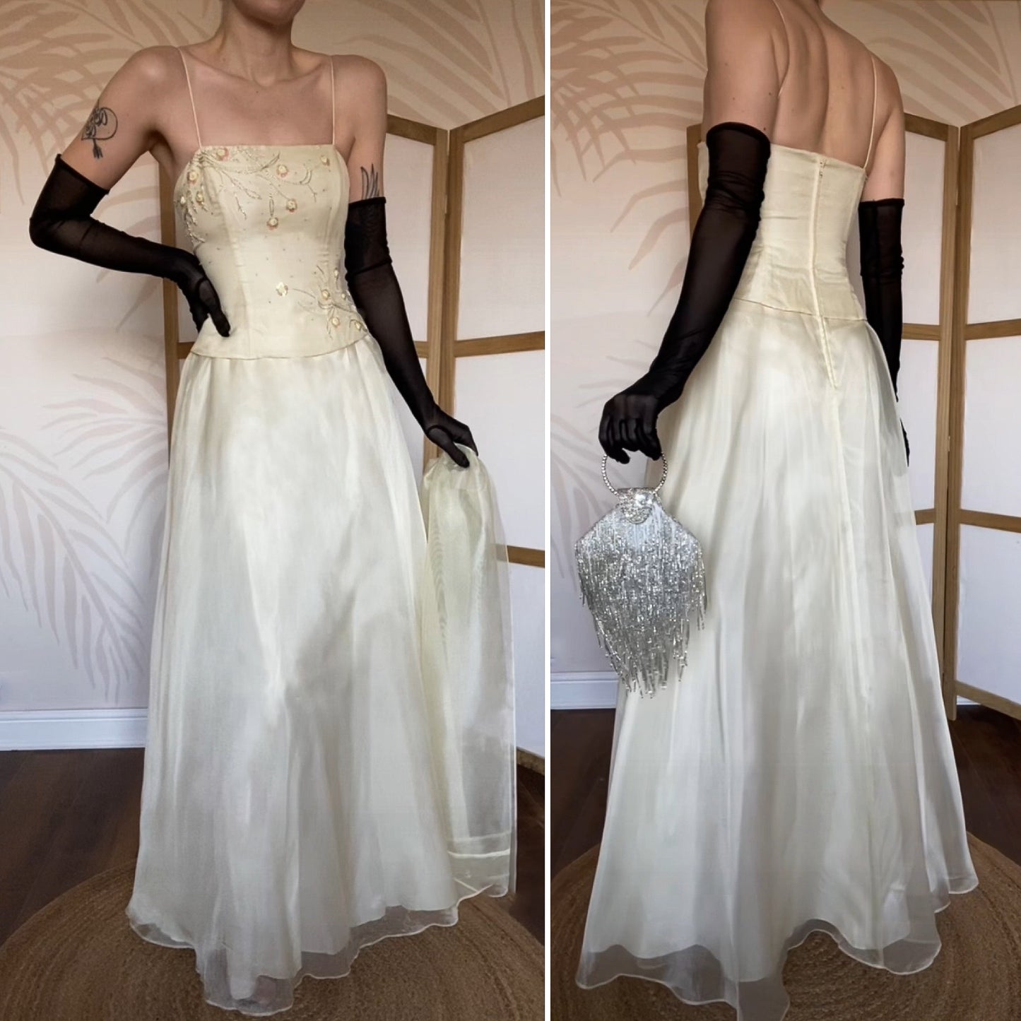 Niki Livas pale yellow organza prom dress & shawl UK 12