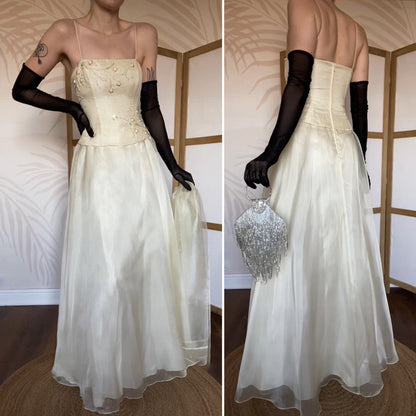 Niki Livas pale yellow organza prom dress & shawl UK 12