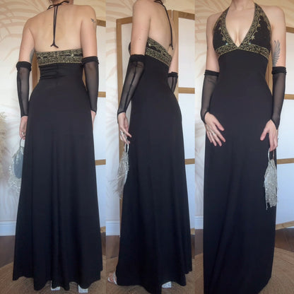 Black stretch halter neck evening dress uk 12