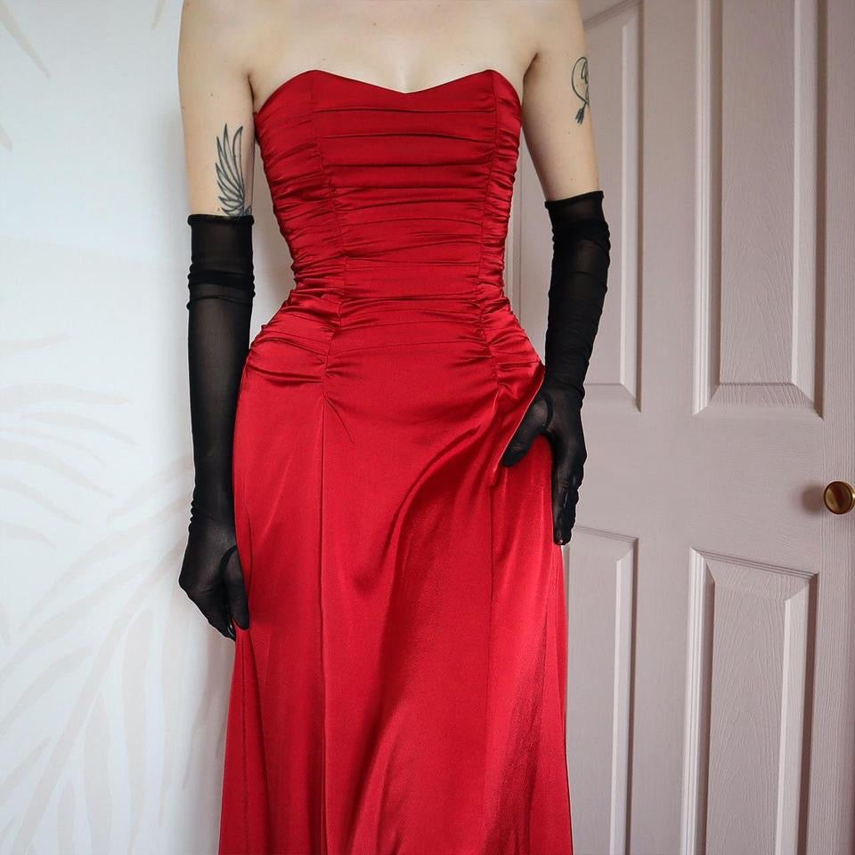 Red strapless lace up back evening gown UK 10