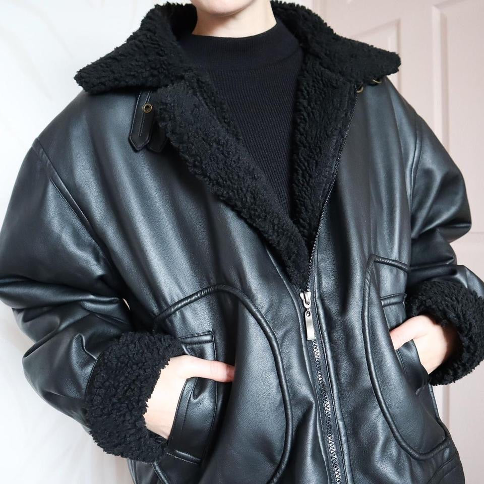 Black faux leather aviator coat UK M