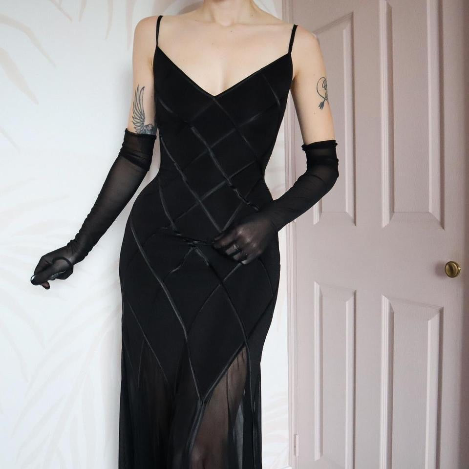 Bernshaw black stretch sheer trail evening dress UK 12