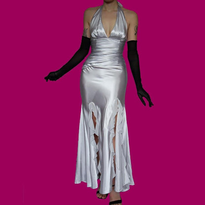 Silky silver halter neck evening gown UK 8