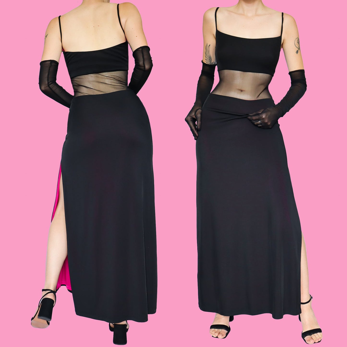 Black After Six stretch sheer waist evening dress UK 16