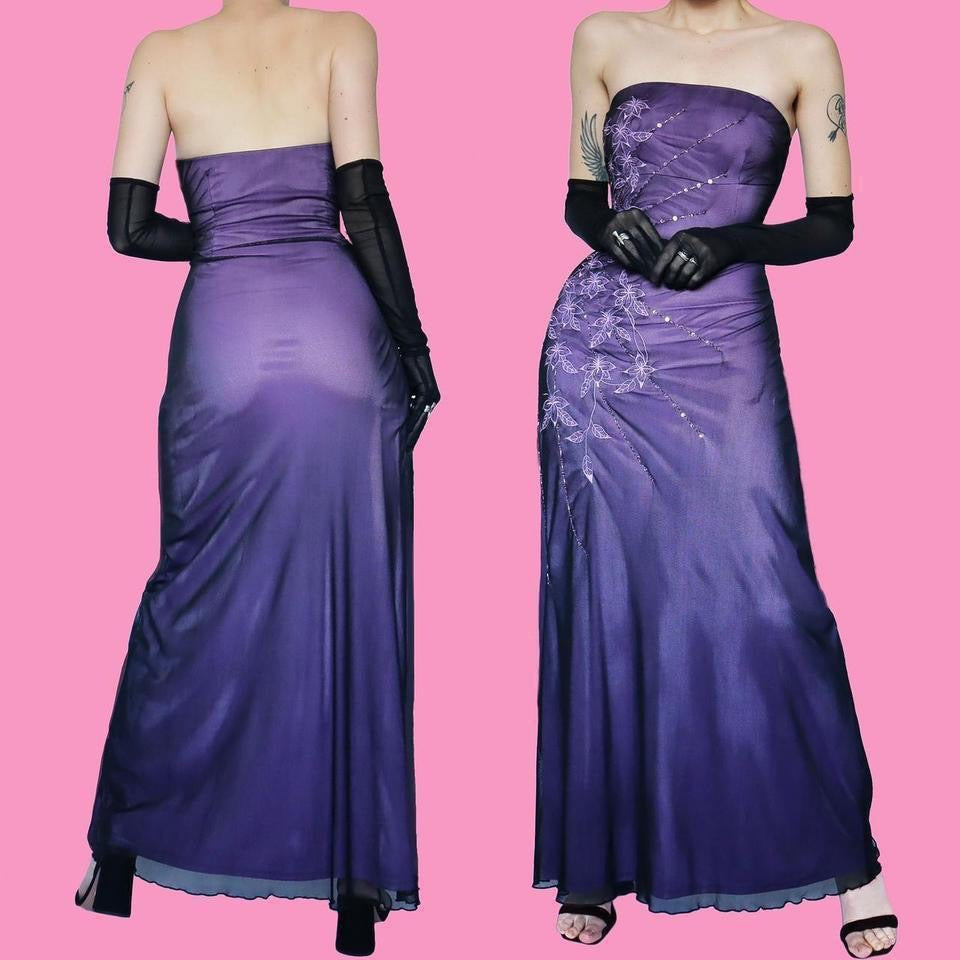 Purple stretchy strapless body con evening dress UK 10 & 12