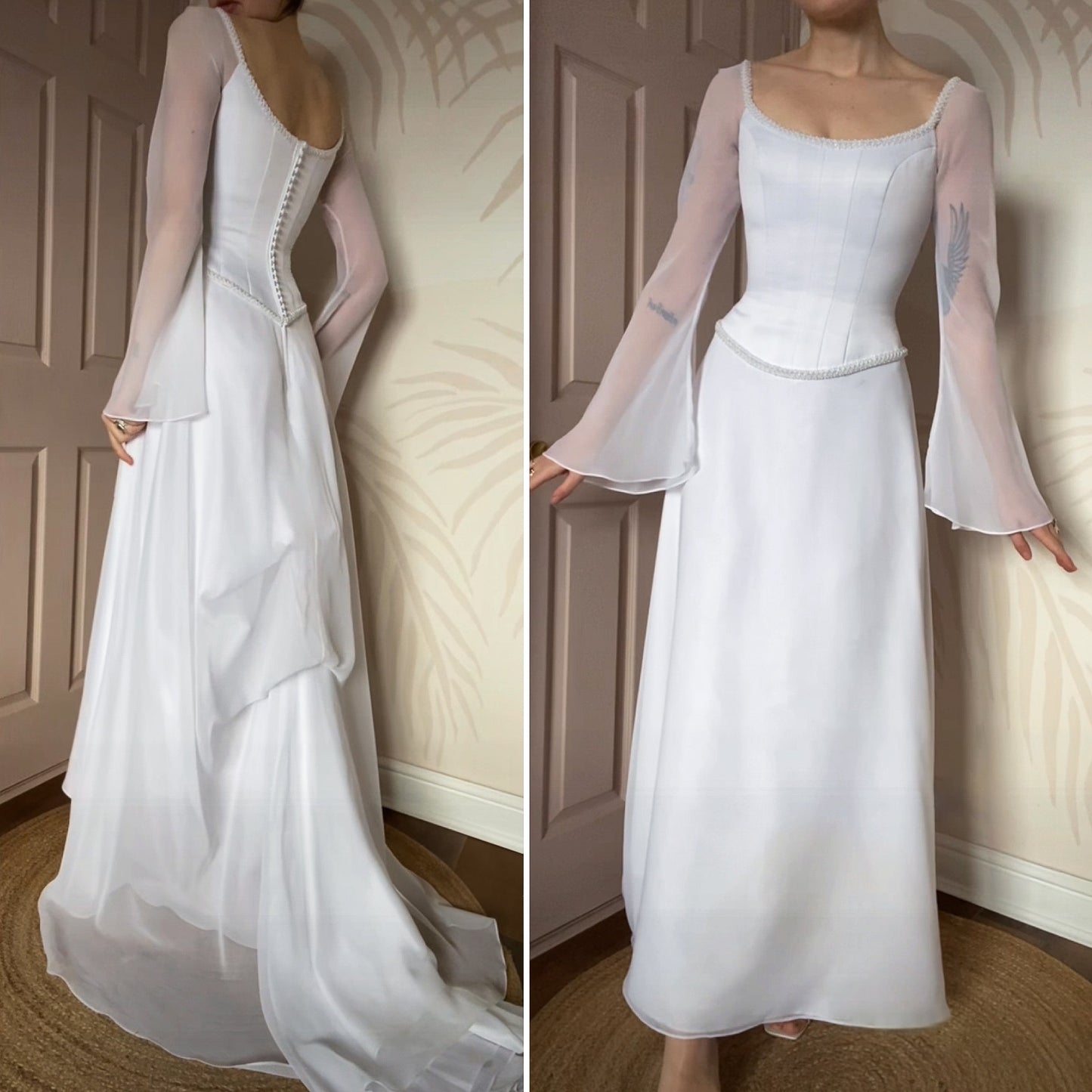 Vintage white long sleeve wedding gown UK 8