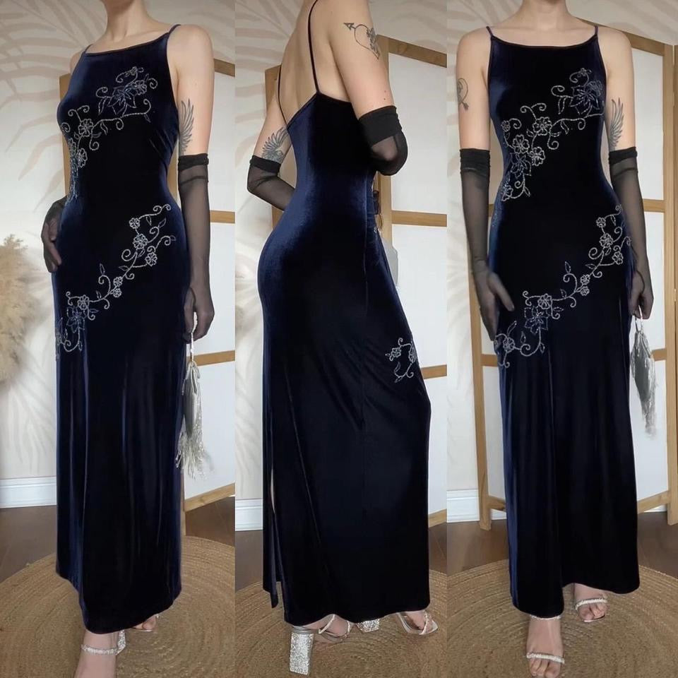 Navy velvet 90s beaded bodycon dress uk 14