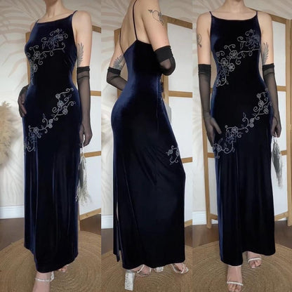 Navy velvet 90s beaded bodycon dress uk 14